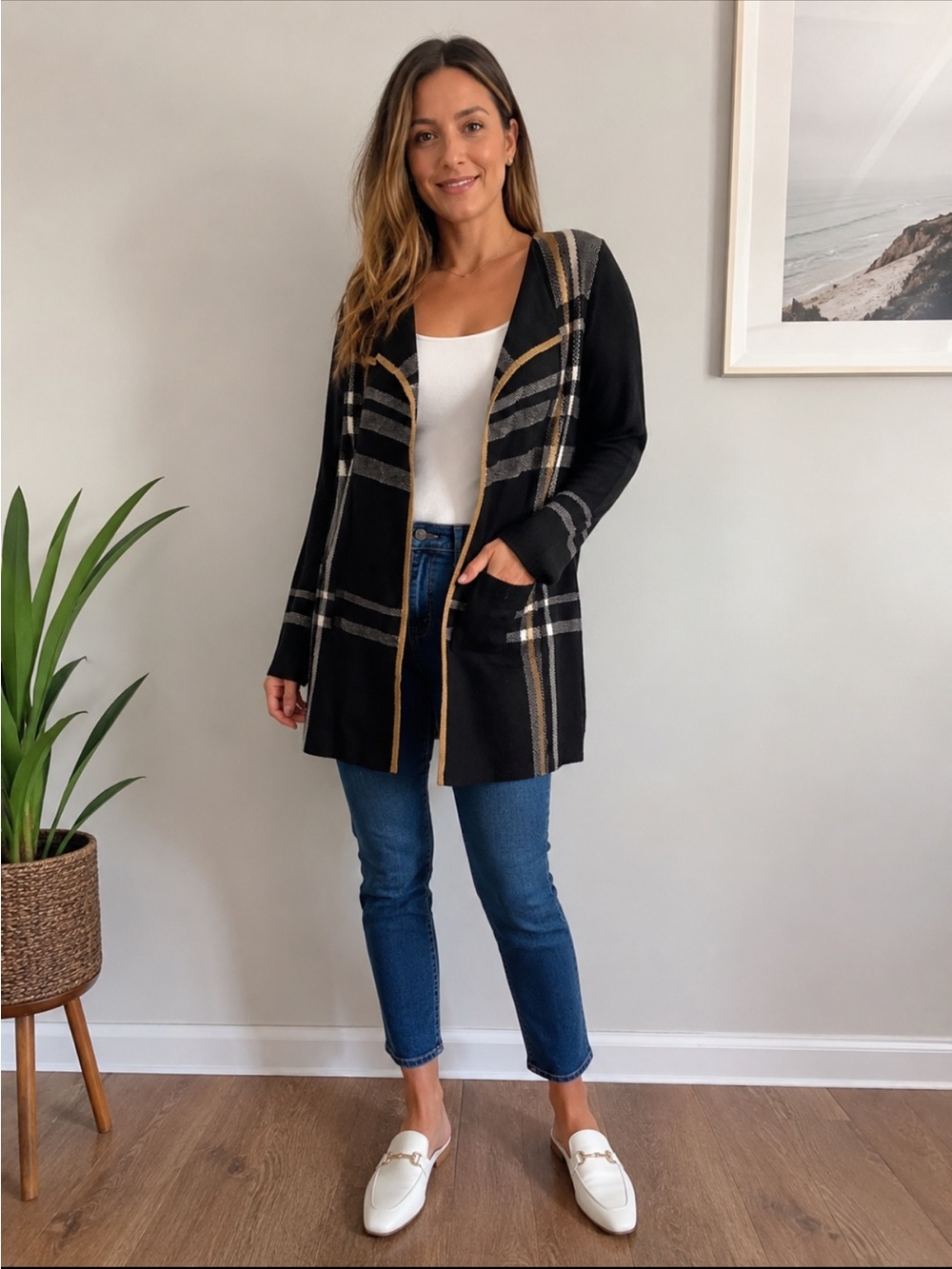 NWT Long sweater jacket Charter Club XLarge black,white,tan